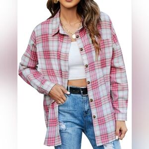 Women's Pink Plaid Button-Up Shirt Jacket